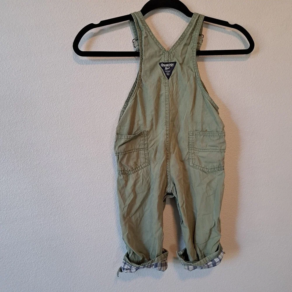 OshKosh Bgosh Toddler Boys Olive Green Plaid Lined Canvas Overalls 24M